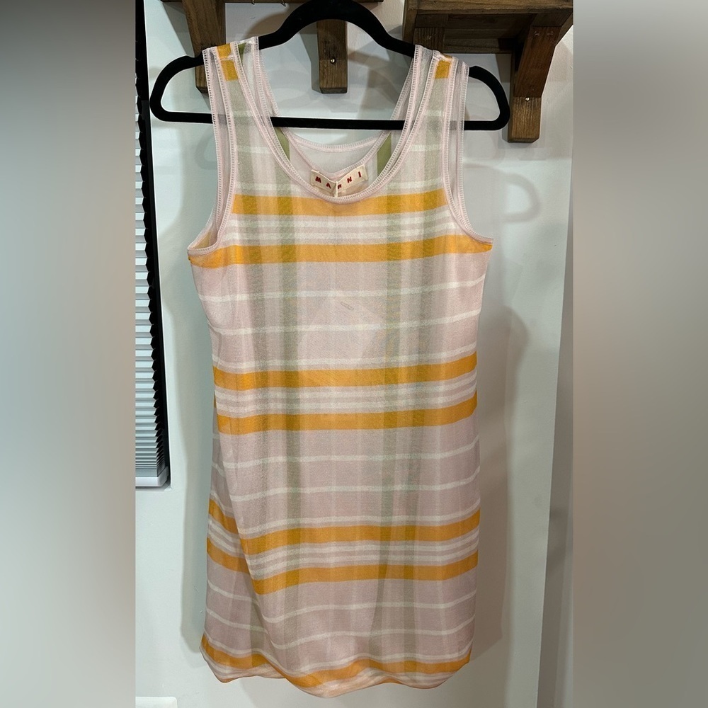 NWT Marni Double Layer Sheer Tank Dress Orange Pink Plaid Silk IT 40 (US4)